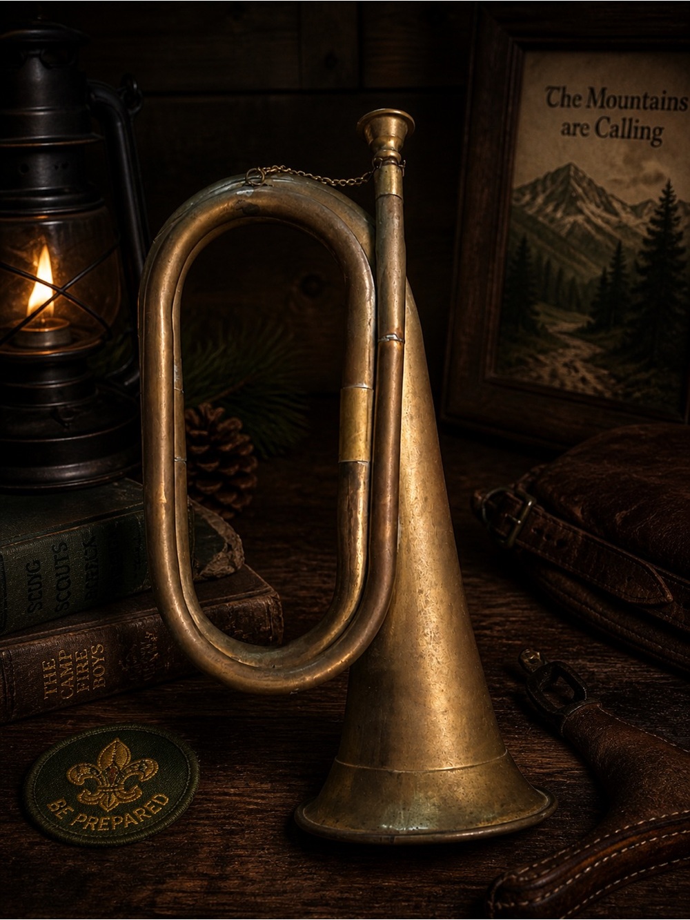Vintage Brass Bugle Signal Horn Plays Rustic Military Scout Camp Decor